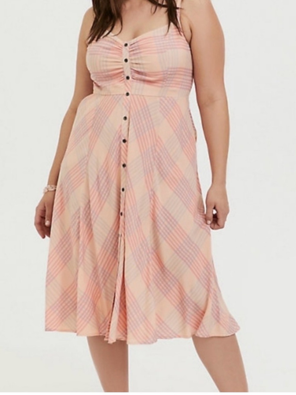 torrid Peach and Pink Plaid Midi Dress with Front Buttons 2x.  With POCKETS!!NWT